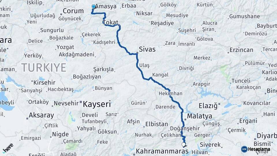 Amasya Adıyaman Arası Kaç Km - Yol Haritası