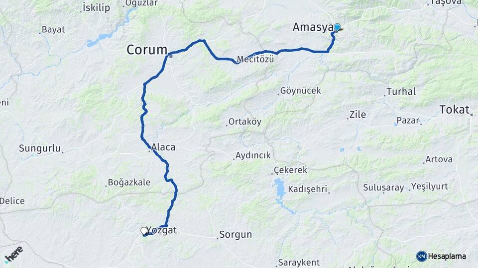 Amasya Ahiilyas Çorum Arası Kaç Km - Yol Haritası