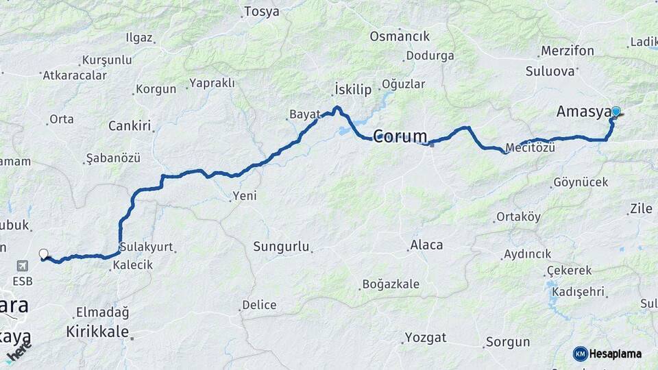 Amasya Akyurt Ankara Arası Kaç Km - Yol Haritası