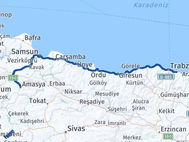 Amasya Arsin Trabzon Arası Kaç Km - Yol Haritası