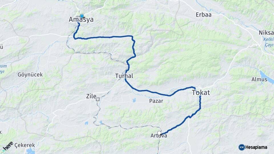 Amasya Artova Tokat Arası Kaç Km - Yol Haritası