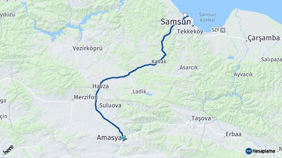 Amasya Atakum Samsun Arası Kaç Km - Yol Haritası