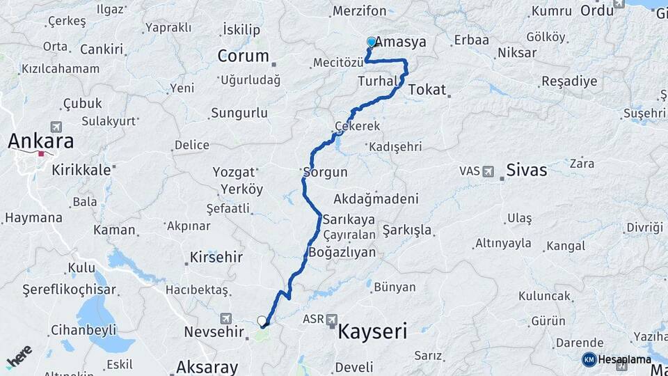 Amasya Avanos Nevşehir Arası Kaç Km - Yol Haritası