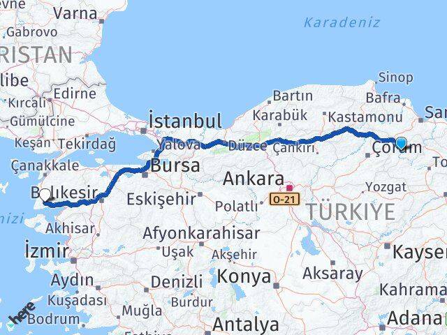 Amasya Ayvacık Çanakkale Arası Kaç Km - Yol Haritası