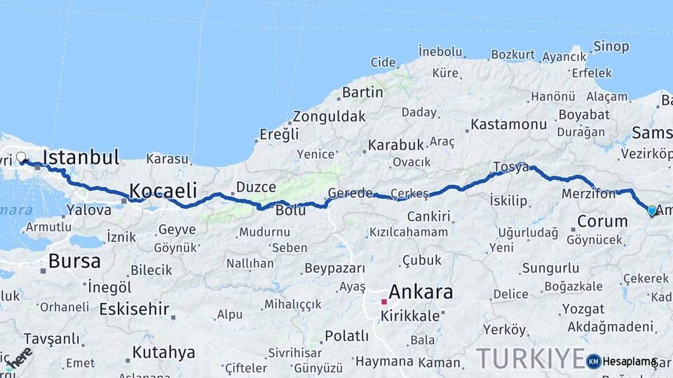 Amasya Başakşehir İstanbul Arası Kaç Km - Yol Haritası