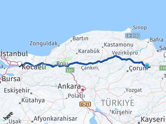 Amasya Başiskele Kocaeli Arası Kaç Km - Yol Haritası