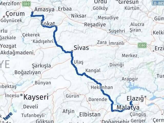 Amasya Baskil Elazığ Arası Kaç Km - Yol Haritası