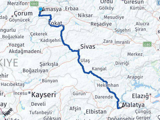 Amasya Battalgazi Malatya Arası Kaç Km - Yol Haritası