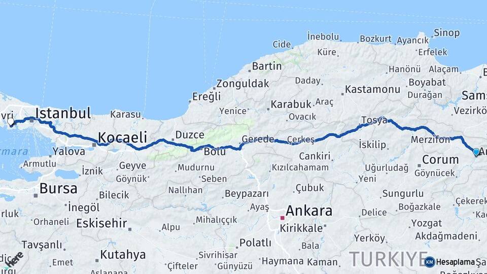 Amasya Beylikdüzü İstanbul Arası Kaç Km - Yol Haritası