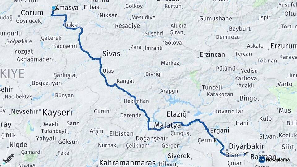 Amasya Bismil Diyarbakır Arası Kaç Km - Yol Haritası