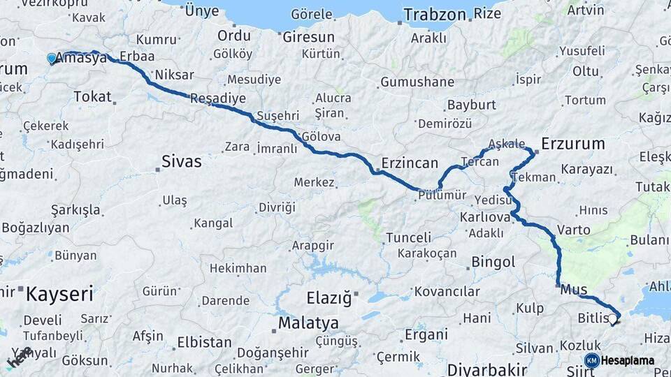 Amasya Bitlis Arası Kaç Km - Yol Haritası