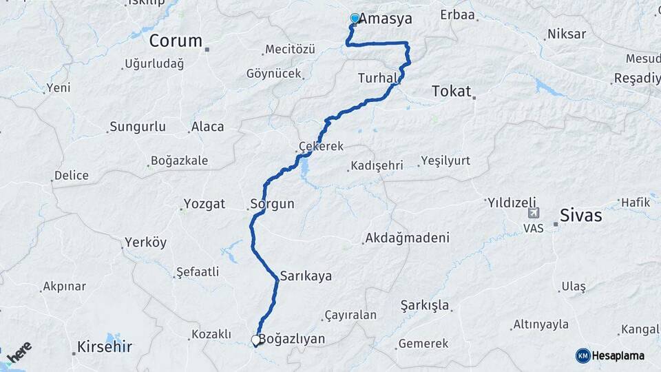 Amasya Boğazlıyan Yozgat Arası Kaç Km - Yol Haritası