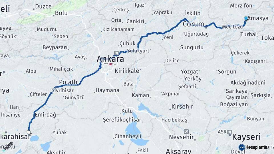 Amasya Bolvadin Afyonkarahisar Arası Kaç Km - Yol Haritası