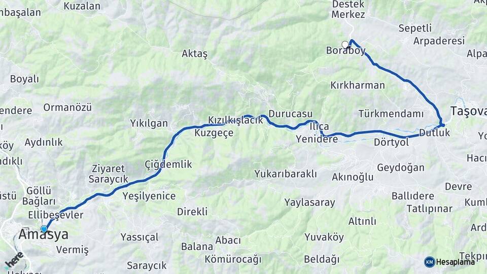 Amasya Boraboy Taşova Arası Kaç Km - Yol Haritası