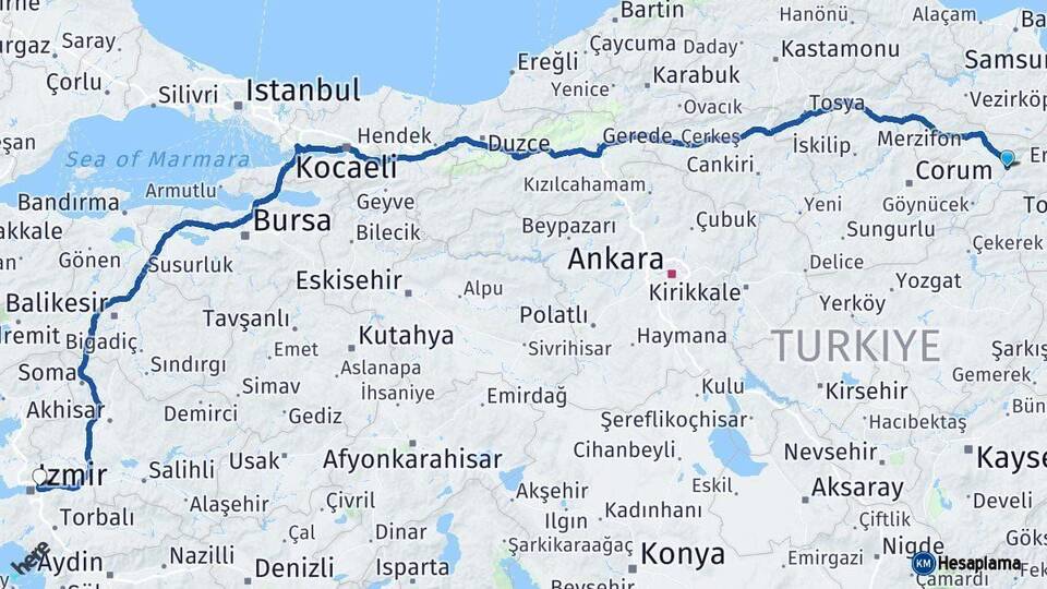 Amasya Bornova İzmir Arası Kaç Km - Yol Haritası
