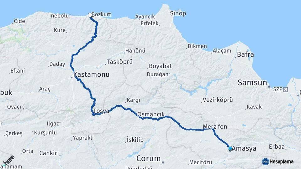 Amasya Bozkurt Kastamonu Arası Kaç Km - Yol Haritası