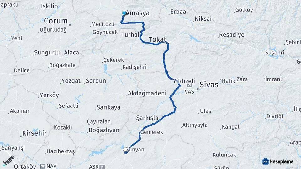 Amasya Bünyan Kayseri Arası Kaç Km - Yol Haritası