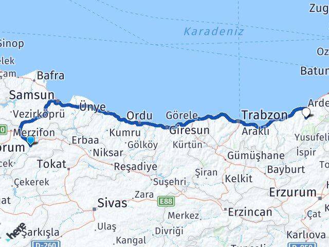 Amasya Çamlıhemşin Rize Arası Kaç Km - Yol Haritası