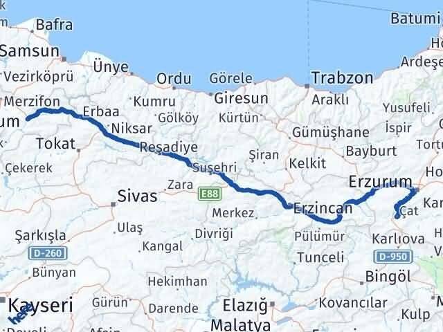 Amasya Çat Erzurum Arası Kaç Km - Yol Haritası
