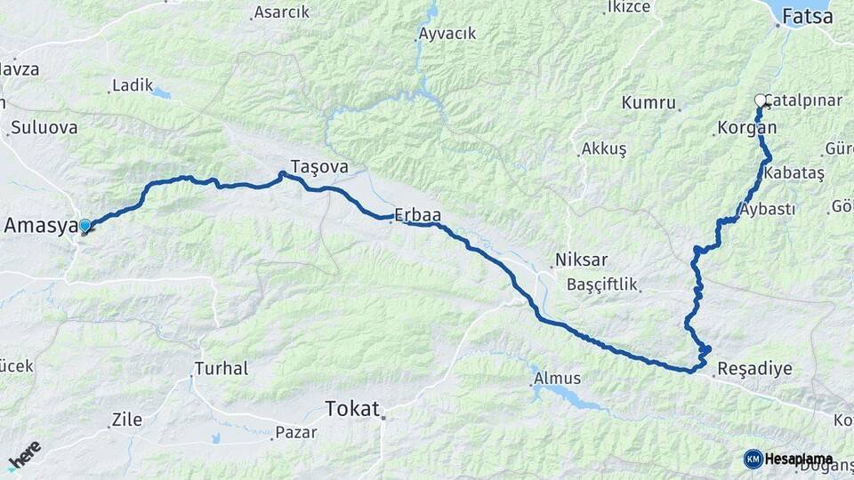 Amasya Çatalpınar Ordu Arası Kaç Km - Yol Haritası