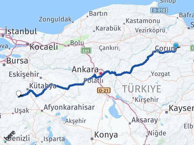 Amasya Çavdarhisar Kütahya Arası Kaç Km - Yol Haritası