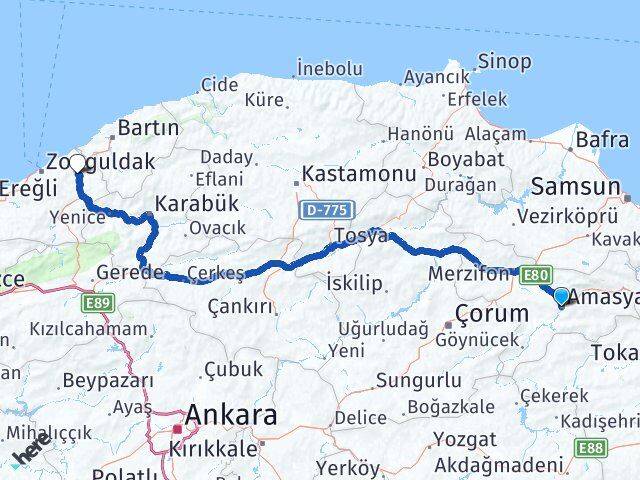 Amasya Çaycuma Zonguldak Arası Kaç Km - Yol Haritası