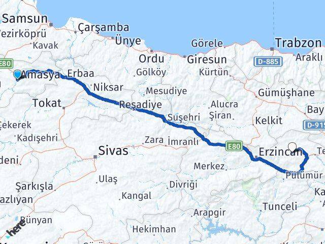 Amasya Çayırlı Erzincan Arası Kaç Km - Yol Haritası