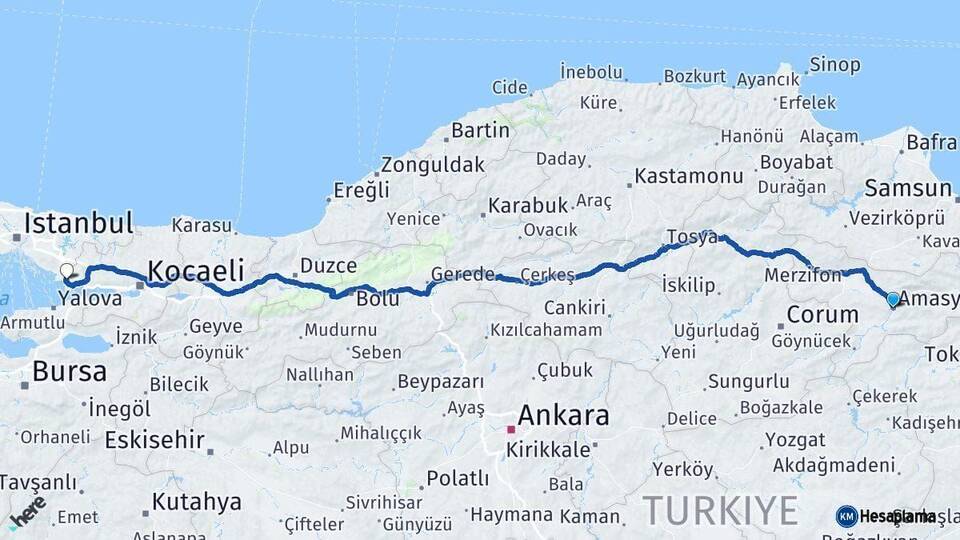 Amasya Çayırova Kocaeli Arası Kaç Km - Yol Haritası