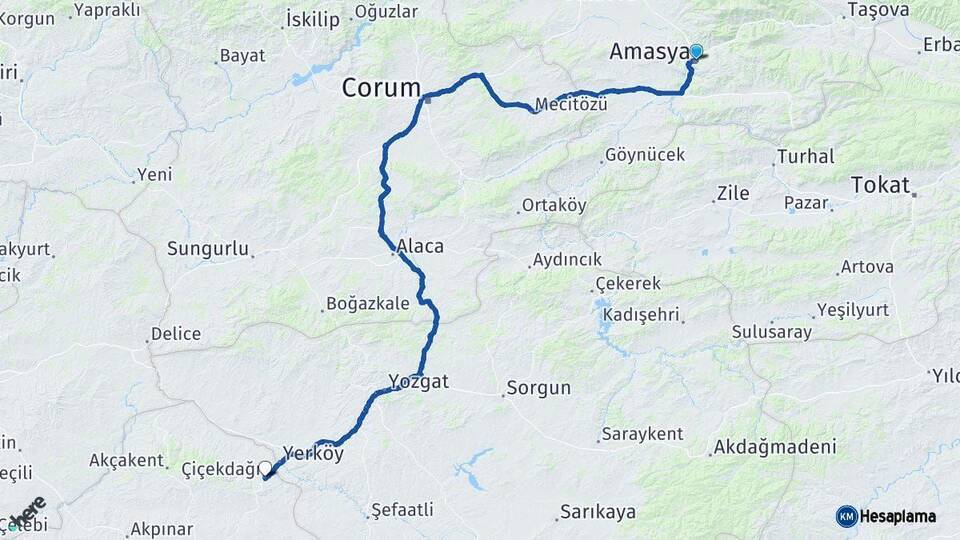 Amasya Çiçekdağı Kırşehir Arası Kaç Km - Yol Haritası