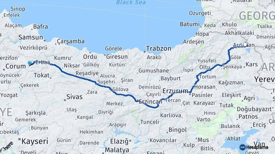 Amasya Çıldır Ardahan Arası Kaç Km - Yol Haritası