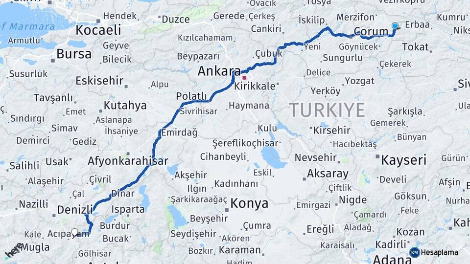 Amasya Corum Acıpayam Denizli Arası Kaç Km - Yol Haritası