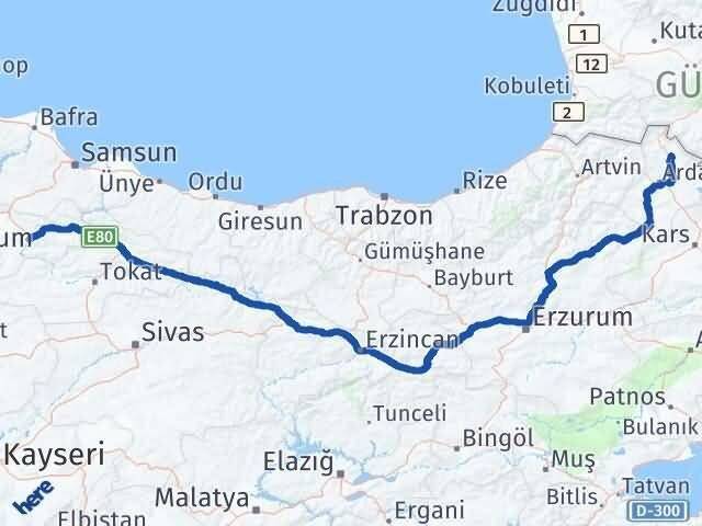 Amasya Damal Ardahan Arası Kaç Km - Yol Haritası