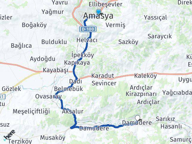 Amasya Damudere Arası Kaç Km - Yol Haritası