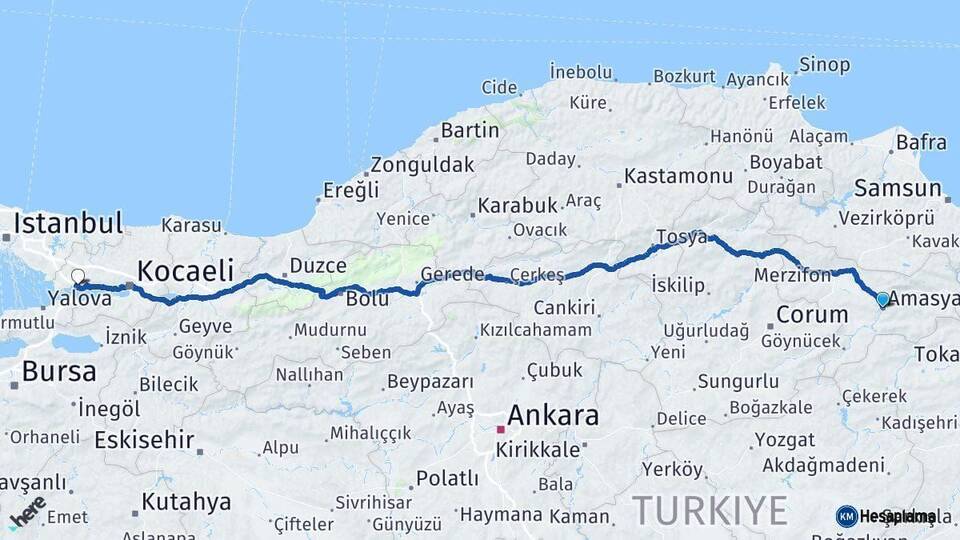 Amasya Dilovası Kocaeli Arası Kaç Km - Yol Haritası