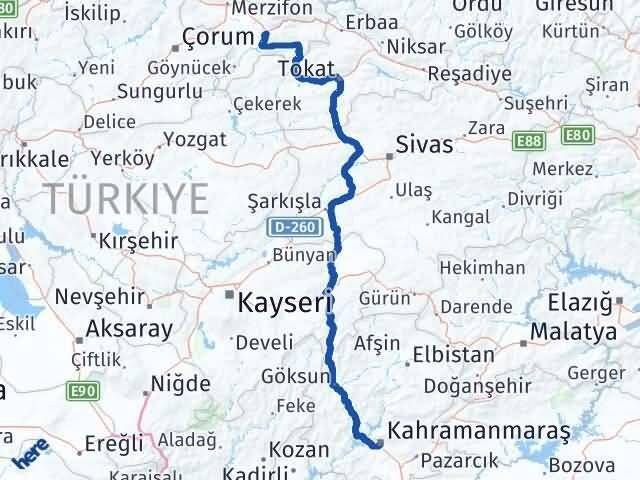 Amasya Dulkadiroğlu Kahramanmaraş Arası Kaç Km - Yol Haritası