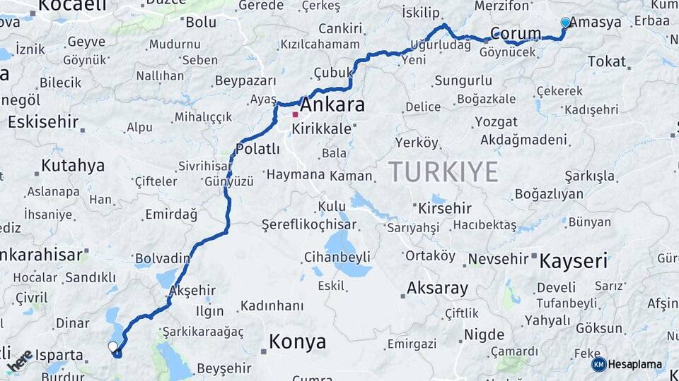 Amasya Eğirdir Isparta Arası Kaç Km - Yol Haritası