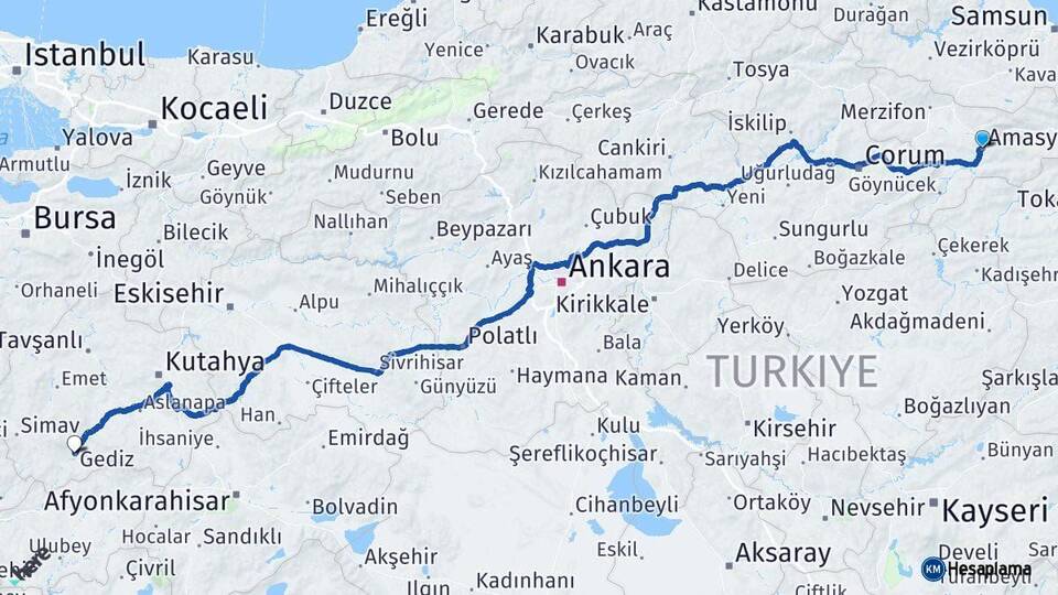 Amasya Gediz Kütahya Arası Kaç Km - Yol Haritası