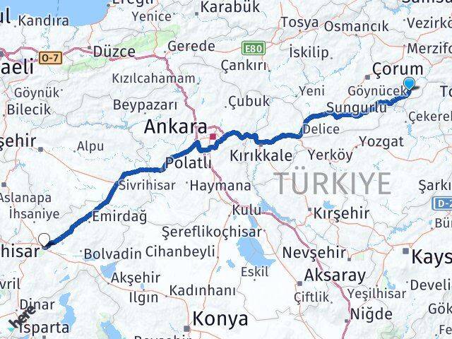 Amasya Göynücek Afyonkarahisar Arası Kaç Km - Yol Haritası