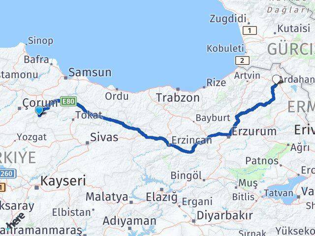 Amasya Göynücek Ardahan Arası Kaç Km - Yol Haritası