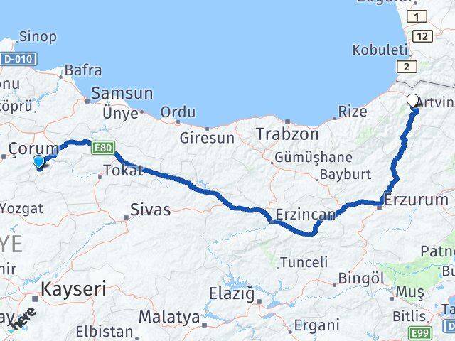 Amasya Göynücek Artvin Arası Kaç Km - Yol Haritası