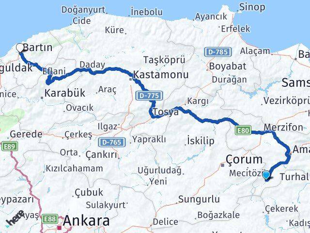 Amasya Göynücek Bartın Arası Kaç Km - Yol Haritası