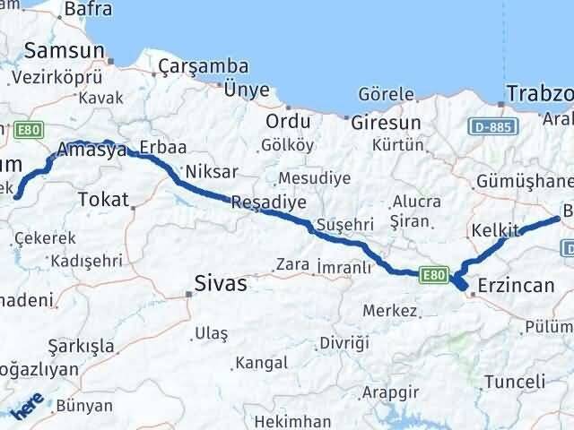 Amasya Göynücek Bayburt Arası Kaç Km - Yol Haritası