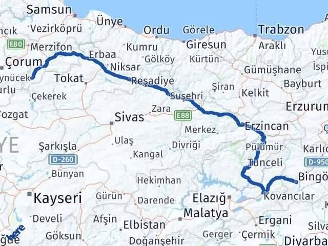 Amasya Göynücek Bingöl Arası Kaç Km - Yol Haritası