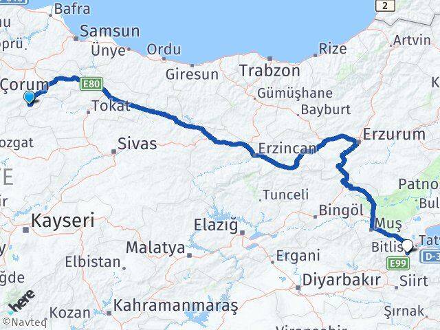 Amasya Göynücek Bitlis Arası Kaç Km - Yol Haritası