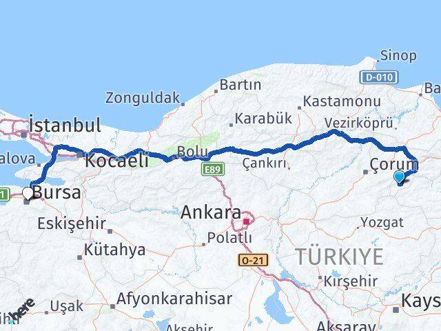 Amasya Göynücek Bursa Arası Kaç Km - Yol Haritası