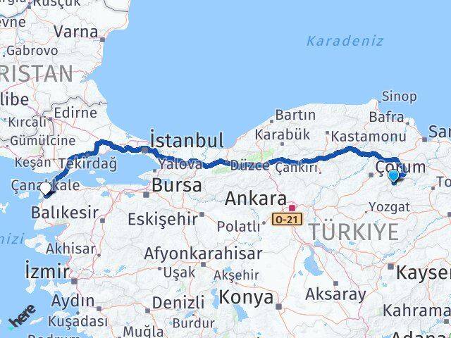 Amasya Göynücek Çanakkale Arası Kaç Km - Yol Haritası