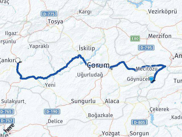 Amasya Göynücek Çankırı Arası Kaç Km - Yol Haritası