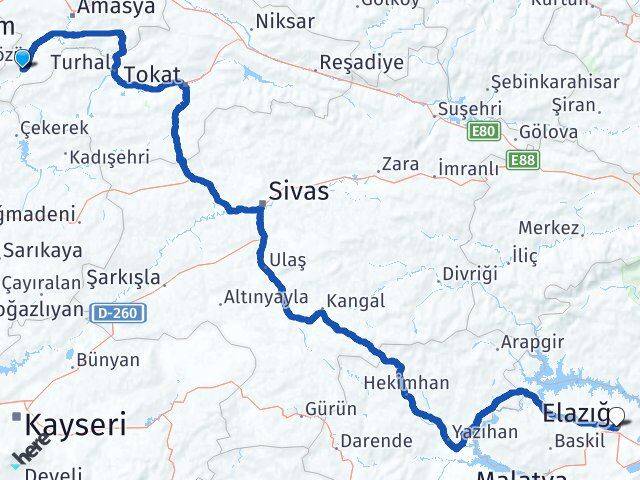 Amasya Göynücek Elazığ Arası Kaç Km - Yol Haritası