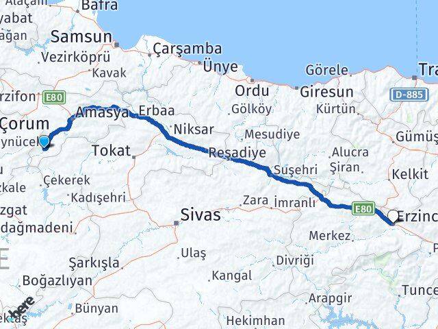Amasya Göynücek Erzincan Arası Kaç Km - Yol Haritası