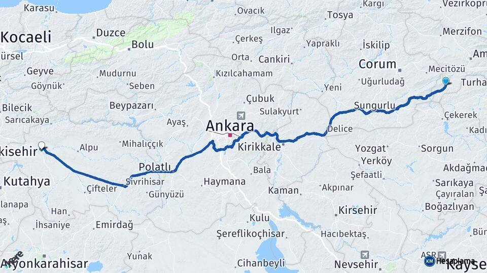 Amasya Göynücek Eskişehir Arası Kaç Km - Yol Haritası